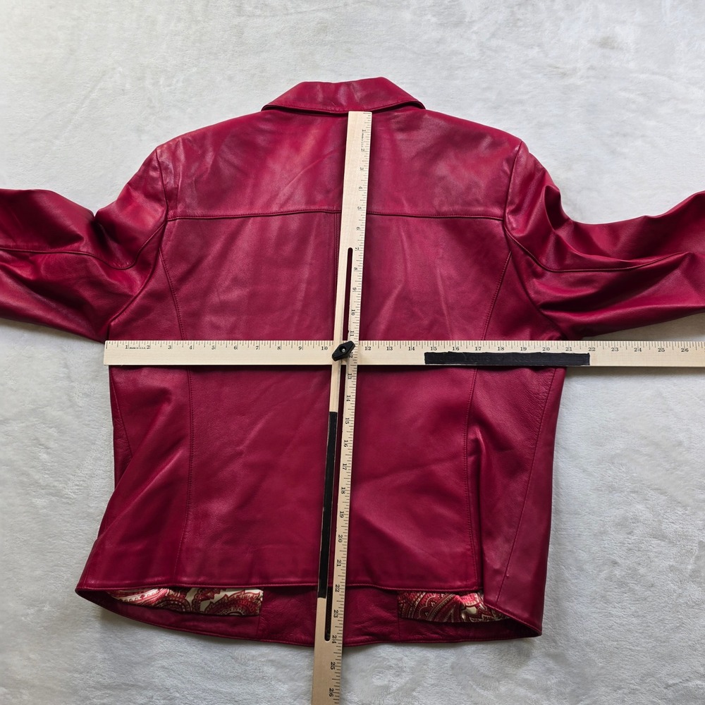 Liz Claiborne Leather‎ Jacket Women 16 Red Pink Paisley Lined Zip Front Coat - Picture 8 of 12